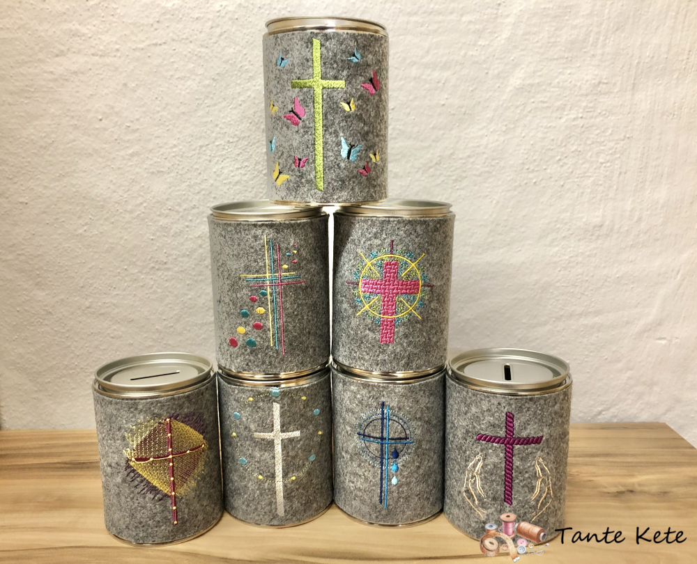 Spardose mit Filzhülle bestickt - Kreuz 2